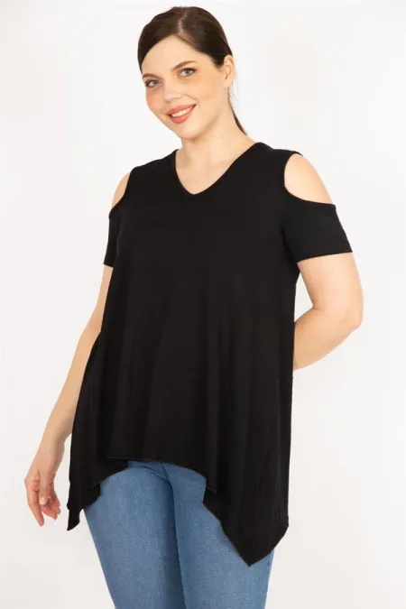 Kadın Saks Büyük Beden Omuz Dekolteli Asimetrik Kesim Viskon Bluz