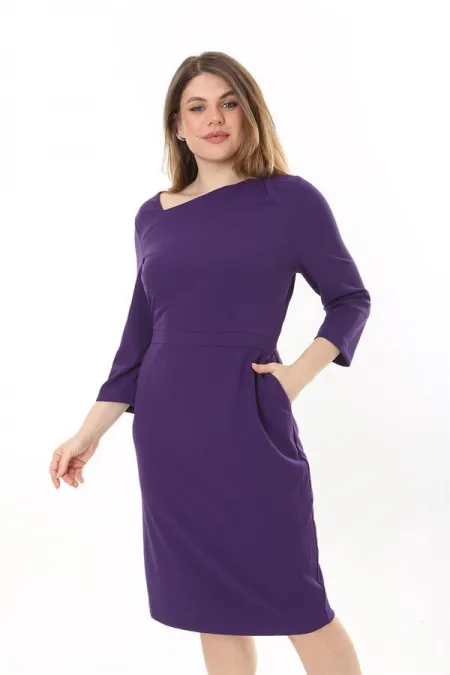 Kadın Büyük Beden Mor Likralı Krep Kumaş Astarlı Gizli Fermuarlı Elbise 65N37656