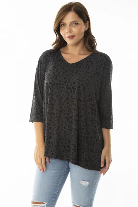 Kadın Büyük Beden Antrasit V Yakalı Kapri Kol Desenli Bluz 65N36959