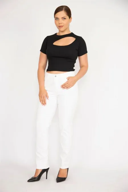 Kadın Büyük Beden Kemik Yüksek Bel Yan Kemer Lastikli Likralı 5 Cepli Kot Pantolon 65N37894