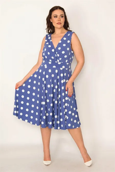 KADIN MAVİ ANVELOP YAKALI PUAN DESENLİ ELBİSE