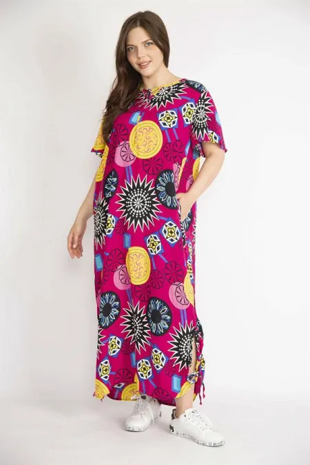 Kadın Fujya Büyük Beden Dokuma Viskon Kumaş Yaka Ve Yırtmacı Bağcık Detaylı Uzun Elbise