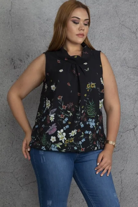 Kadın Siyah Yaka Detaylı Etek Ucu Lastik Detaylı Kolsuz Çiçek Desenli Bluz
