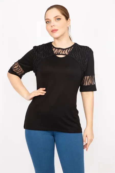 Kadın Siyah Büyük Beden Flok Tül Detaylı Bluz