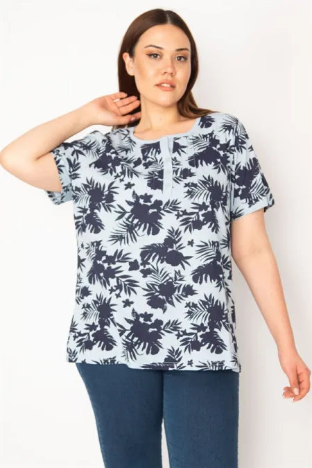 KADIN MAVİ PAMUKLU KUMAŞ NERVÜR DİKİŞLİ PATI DÜĞMELİ BLUZ