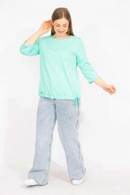 Kadın Lacivert Büyük Beden Pamuklu Kumaş Çizgi Kombinli Bluz 65N35571