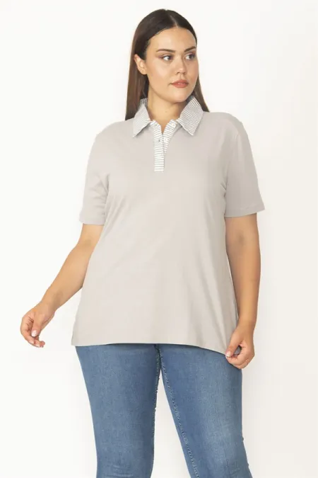 Kadın Gri Pamuklu Kumaş Polo Yakalı Pat Düğmeli Bluz 65N27322