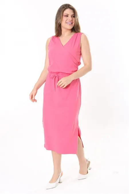 Kadın Büyük Beden Pembe Arka Robası Kopenaki Dantelli Kuşgözü Bağcıklı Elbise 65N37778