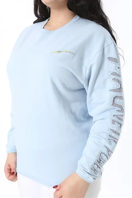 Women's Plus Size Blue Flock Sleeved Sweatshirt 65N38689