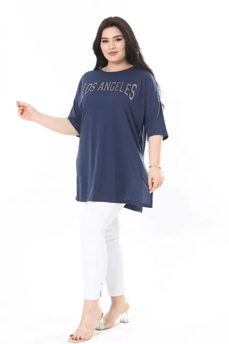 Kadın Büyük Beden Lacivert Sim Detaylı Bisiklet Yaka Yan Yırtmaçlı Kısa Kollu Bluz