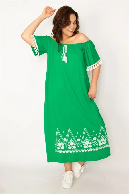 Kadın Kırmızı Karmen Yaka Nakış Ve Püskül Detaylı Uzun Elbise 65N33437