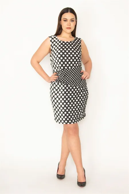 KADIN SİYAH BEL DRAPELİ PUAN DESENLİ ELBİSE