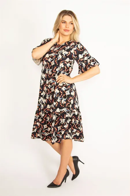 Kadın Renkli Volan Kollu Etek Ucu Katlı Elbise 65N34446