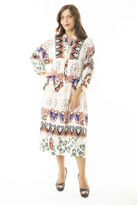 Kadın Büyük Beden Saks Dokuma Viskon Kumaş Ön Yarım Düğmeli Uzun Kollu Elbise 65N36886