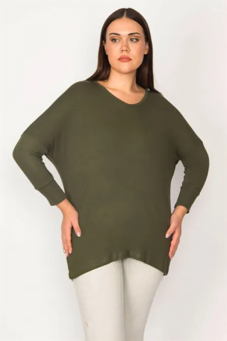 Kadın Haki Yarasa Kol V Yakalı Viskon Bluz 65N29662