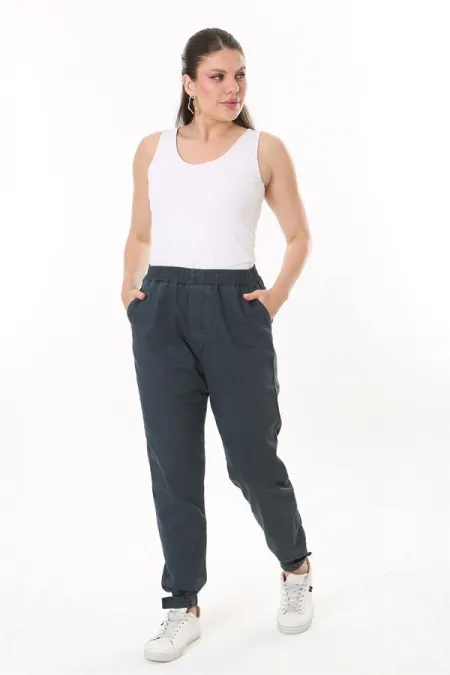 Kadın Büyük Beden Füme Bel Ve Paça Lastikli Likralı 4 Cepli Kot Pantolon 65N37827