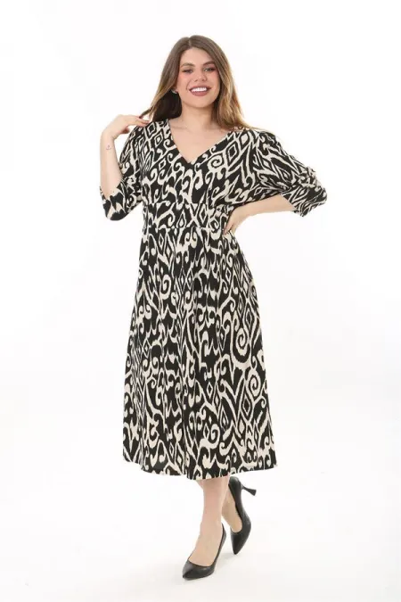 Kadın Büyük Beden Siyah V Yakalı Bürümcük Kumaş Kapri Kollu Elbise 65N37622