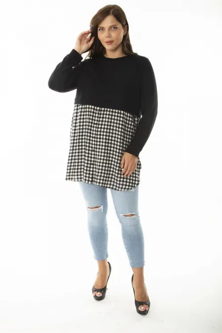 Kadın Büyük Beden Siyah Alt Kısmı Ekose Desen Ve Düğmeli Tunik 65N36961