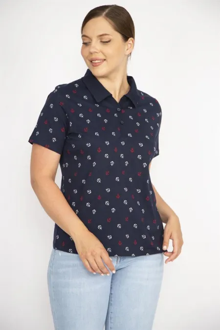 Kadın Lacivert Büyük Beden Pamuk Kumaş Marin Desen Polo Yakalı Kısa Kollu Bluz
