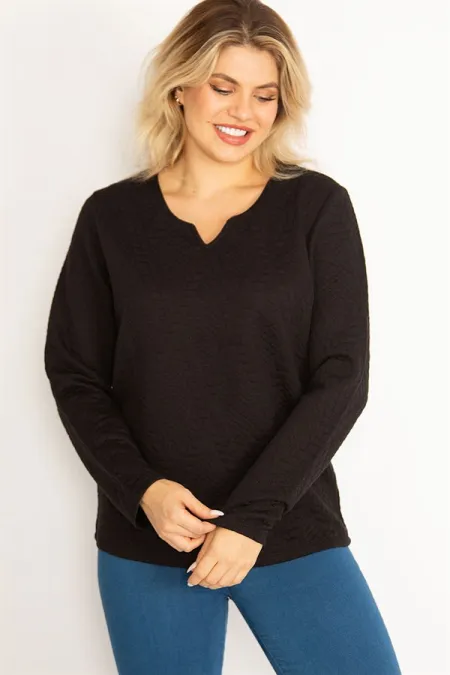 Kadın Siyah V Yakalı Arka Şerit Detaylı Kendinden Desenli Tunik 65N34633