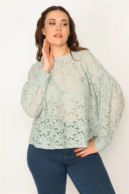 KADIN YEŞİL BALON KOLLU DANTEL BLUZ