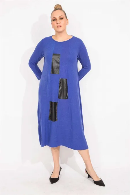 Kadın Antrasit Suni Deri Garnili Uzun Kollu Elbise 65N35528