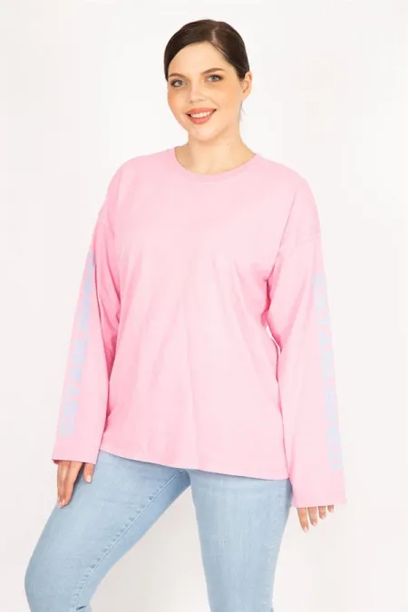 Kadın Bej Büyük Beden Kol Baskılı Sweatshirt