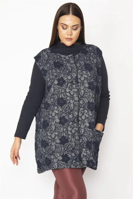 Kadın Lacivert Jakar Desenli Ön Çıtçıt Düğmeli Cepli Yelek 65N29626