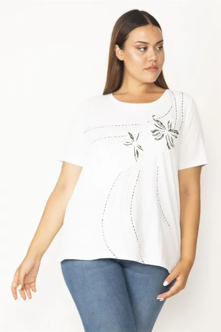 Kadın Beyaz Büyük Beden Pamuklu Kumaş Ön Baskılı Bluz