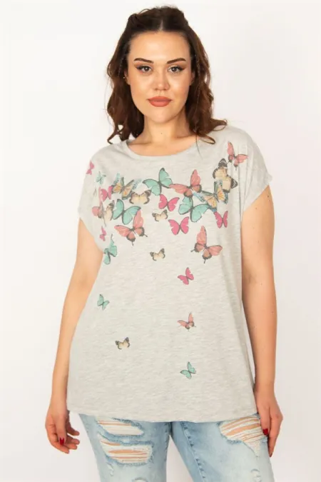BLOUSE FEMME GRISE À MANCHES TOMBANTES IMPRIMÉ PAPILLON