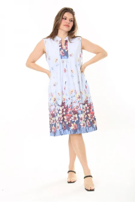 Kadın Büyük Beden Mavi V Yakalı Desenli Kolsuz Elbise 65N37873