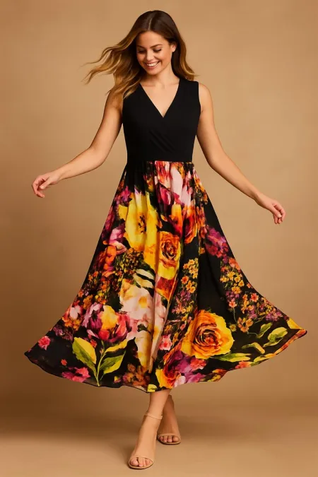 Robe noire grande taille pour femme, col cache-cœur, motif floral, en viscose 65N39238