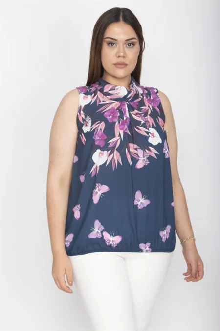 Chemisier sans manches bleu marine à motif floral pour femme 65N33417
