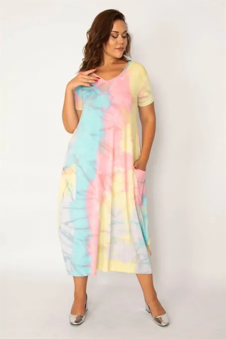 Kadın Saks Batik Desen V Yaka Cepli Elbise 65N33979