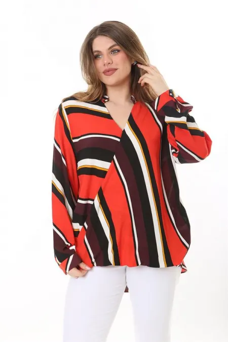 Kadın Büyük Beden Bej Dokuma Viskon Kumaş Kapalı Anvelop Bluz 65N37614