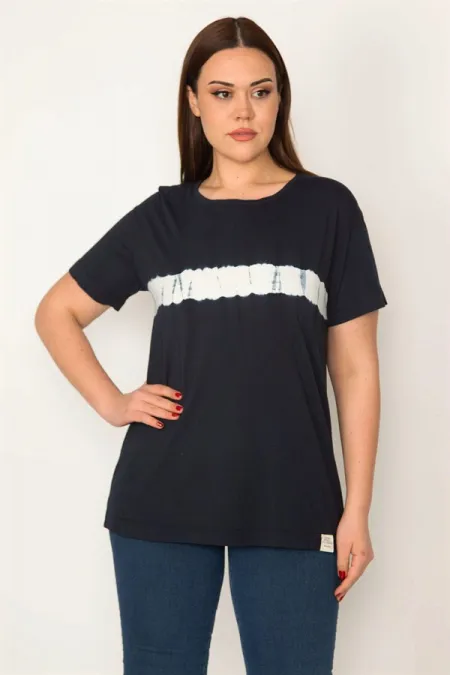KADIN LACİVERT BİSİKLET YAKALI BASKILI BLUZ