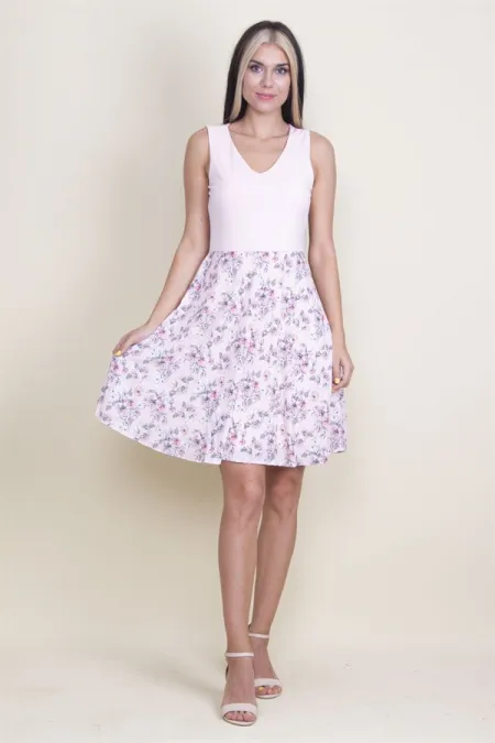 ETEK KISMI DESENLİ V YAKALI ASTARLI ELBİSE