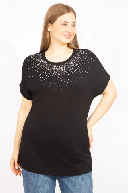 Kadın Mürdüm Büyük Beden Taş Detaylı Düşük Kol Bluz 65N35636