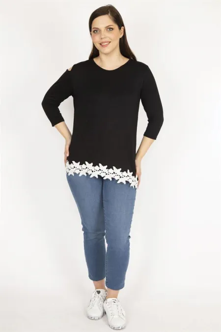 Kadın Siyah Büyük Beden Tek Omuz Dekolteli Etek Ucu Dantel Bluz