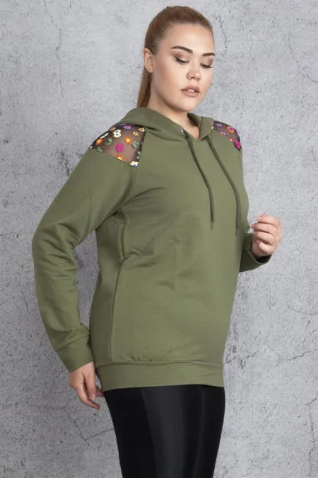 Kadın Haki Payet Detaylı Kapşonlu Sweatshirt 65N18838