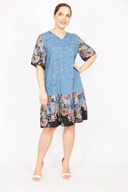 Kadın Mavi Büyük Beden Dokuma Viskon Kumaş Şal Desenli Elbise 65N35834