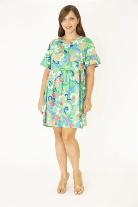 Kadın Büyük Beden Yeşil Bisiklet Yakalı Belden Büzgü Ve Kolları Volan Detaylı Tunik Elbise 65N36881