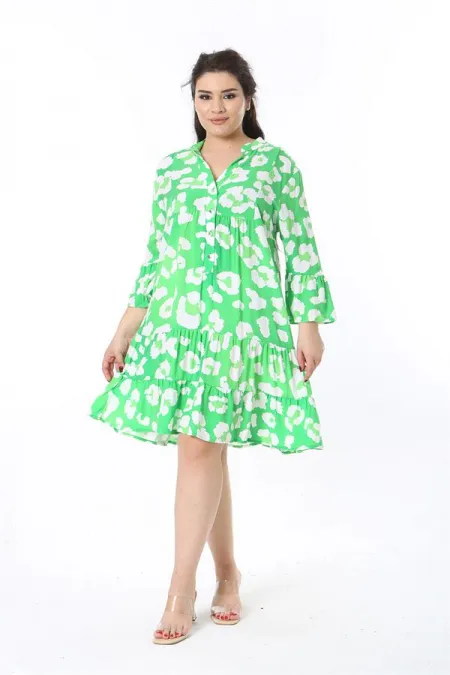 Kadın Büyük Beden Yeşil Ön Pat Düğmeli Katlı Elbise 65N38598