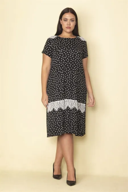 Kadın Siyah Puan Desenli Dantel Detaylı Dokuma Viskon Kumaş Elbise 65N28850