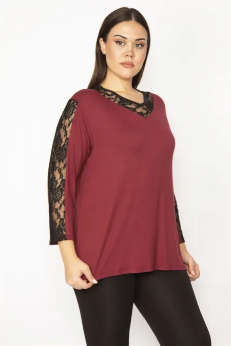 Kadın Mürdüm Dantel Detaylı Bluz 65N29505