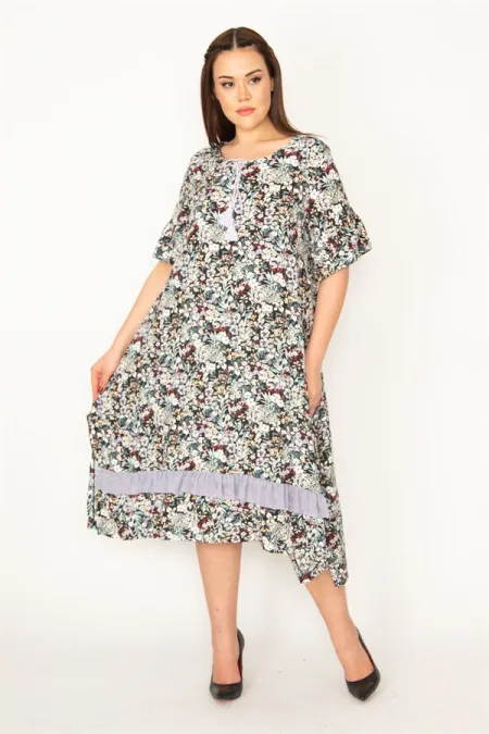 KADIN RENKLİ YAKA BAĞCIKLI ETEK UCU ŞİFON FIRFIR VE KOLU BÜZGÜ VOLANLI DOKUMA VİSKON ELBİSE