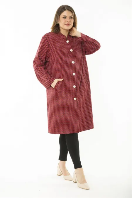 Women's Plus Size Red Piyedepul Pattern Metal Button Unlined Cape 65N37109