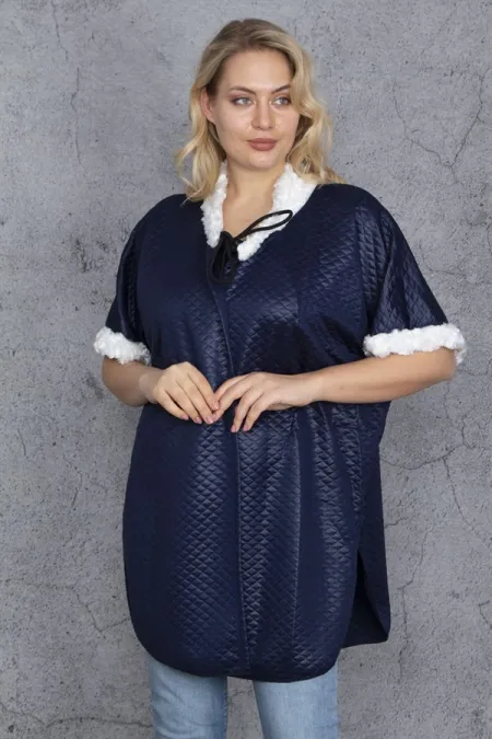 Women's Navy Blue Faux Fur Detailed Quilted Patterned Coat 65N35430