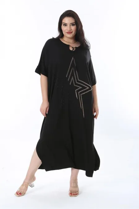 Kadın Büyük Beden Siyah Rahat Kesim Taş Detaylı Elbise 65N38202