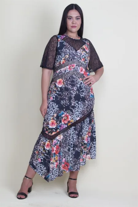 Kadın Renkli Dantel Detaylı Elbise 65N18206